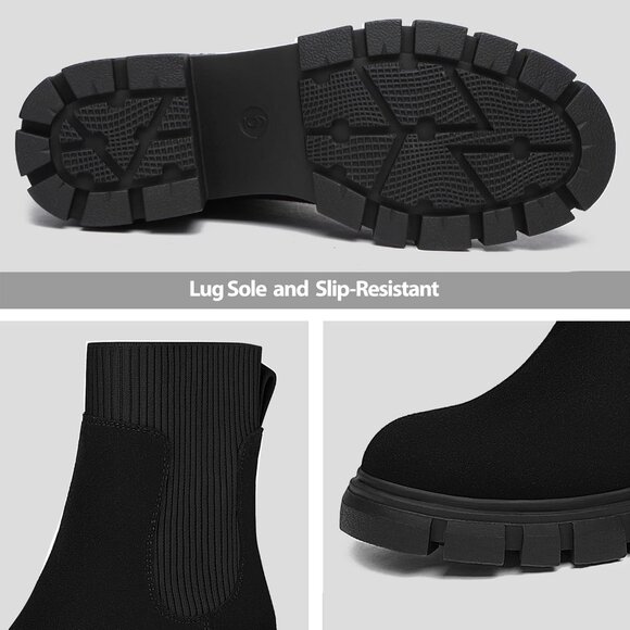 Women Black Suede Low Wedge Heel Slip On Chunky Platform Chelsea Ankle Boots - Picture 3 of 5